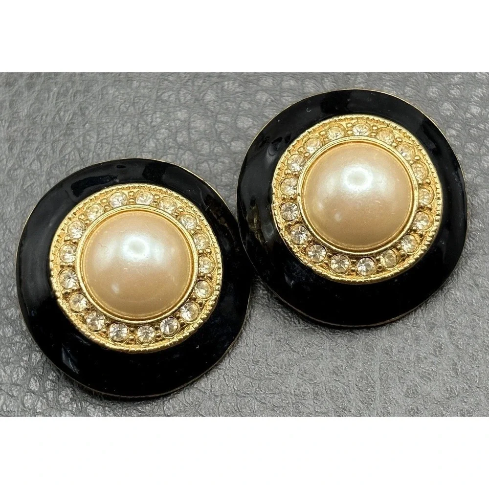 Vintage 80s Runway Black Enamel Faux Pearl Crystal Gold Tone Clip Earrings
